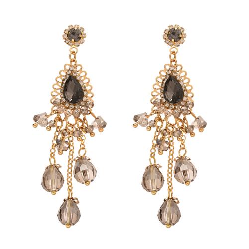 Rhinestone Earring, Brass, with Glass Beads, Teardrop, plated, fashion jewelry & for woman & with rhinestone, golden, 71x18mm, Sold By Pair