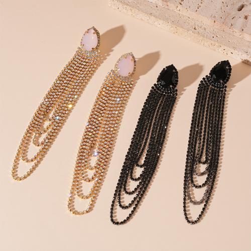 Fashion Fringe Earrings, Brass, for woman & with rhinestone & hollow, more colors for choice, 147x21mm, Sold By Pair