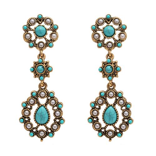 Tibetan Style Drop Earrings, with Turquoise & Plastic Pearl, plated, fashion jewelry & for woman & hollow, 70x25mm, Sold By Pair