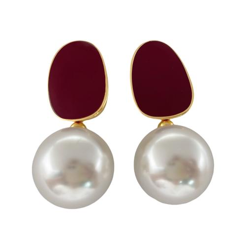 Resin Earring, Brass, with Resin & Plastic Pearl, Vacuum Ion Plating, for woman, 40x17mm, Sold By Pair