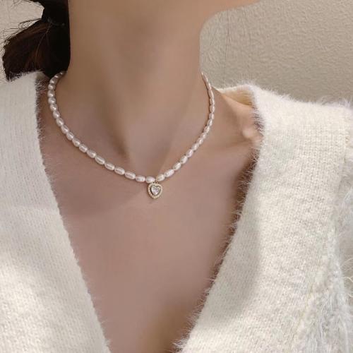 Collar de Perlas Natural de Freshwater, Perlas cultivadas de agua dulce, con cúbica circonia & aleación de zinc, chapado, para mujer, longitud:41 cm, Vendido por UD