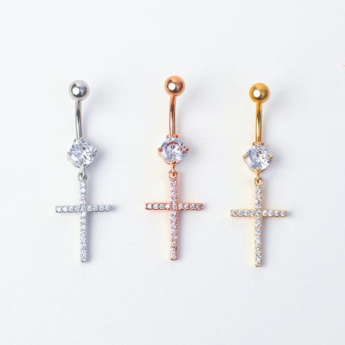 Brass Belly Ring, Cross, plated, Unisex & micro pave cubic zirconia, more colors for choice, 50mm, Sold By PC