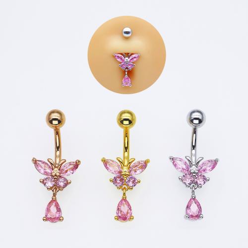 Brass Belly Ring, with 304 Stainless Steel, Butterfly, plated, Unisex & micro pave cubic zirconia, more colors for choice, belly ring length 25-30mm, Sold By PC