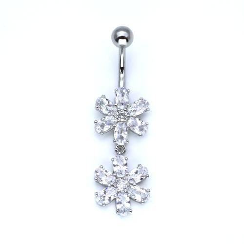 Brass Belly Ring, with 304 Stainless Steel, Flower, plated, different styles for choice & micro pave cubic zirconia & for woman, belly ring length 20-50mm, Sold By PC