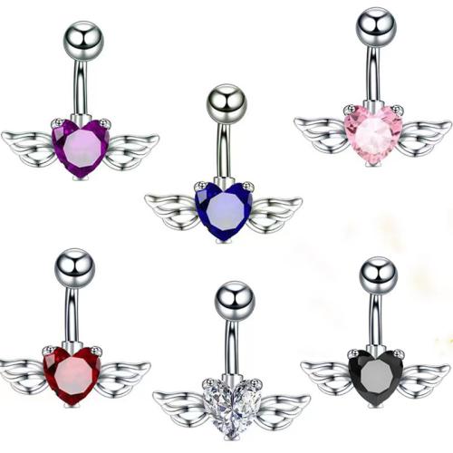 Tibetan Style Belly Ring, Winged Heart, plated, Unisex & micro pave cubic zirconia, more colors for choice, 20mm, Sold By PC