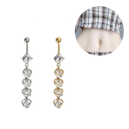 Brass Belly Ring, with 304 Stainless Steel, Heart, plated, micro pave cubic zirconia & for woman, more colors for choice, 60x7mm, Sold By PC