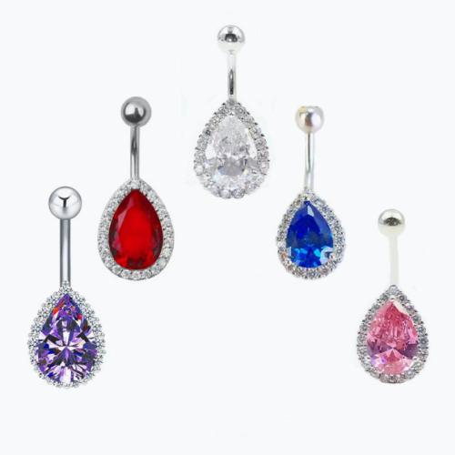 Brass Belly Ring, with 304 Stainless Steel, Teardrop, plated, Unisex & micro pave cubic zirconia & with rhinestone, more colors for choice, 30mm, Sold By PC