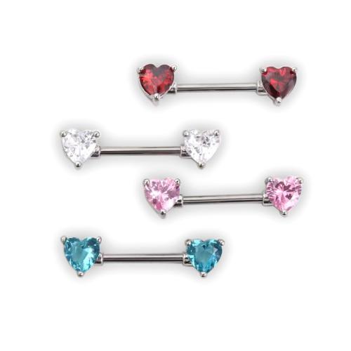 304 Stainless Steel nipple ring, Heart, Unisex & micro pave cubic zirconia, more colors for choice, 6x16mm, Sold By PC