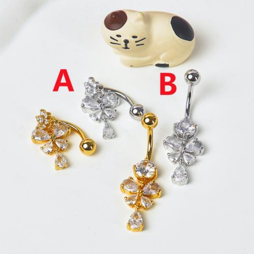 Brass Belly Ring, with 304 Stainless Steel, Butterfly, plated, different styles for choice & micro pave cubic zirconia & for woman, belly ring length 30-50mm, Sold By PC