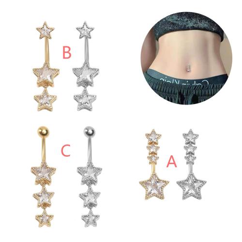 Brass Belly Ring, with 304 Stainless Steel, Star, plated, different styles for choice & micro pave cubic zirconia & for woman, belly ring length 30-60mm, Sold By PC