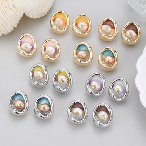 Freshwater Pearl Earrings, Brass, with Freshwater Pearl, plated, for woman & enamel, more colors for choice, nickel, lead & cadmium free, Sold By PC