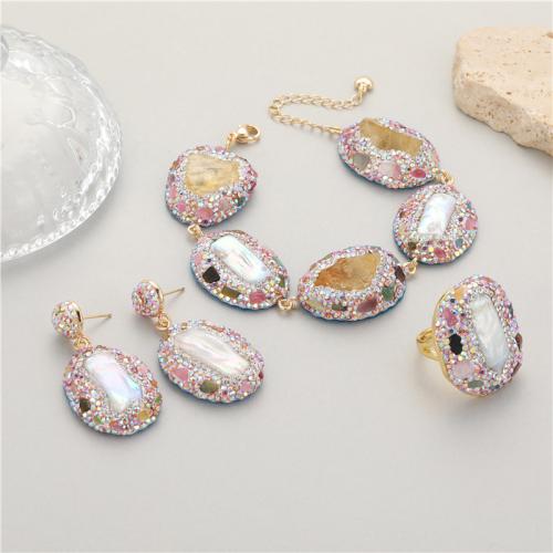 Ensembles de bijoux de perle d'eau douce de culture naturelle, bague, anneau & Bracelet & boucle d'oreille, laiton, avec perle d'eau douce cultivée & perles de citrine, Placage de couleur d'or, pour femme & avec strass, couleurs mélangées, protéger l'environnement, sans nickel, plomb et cadmium, Vendu par fixé