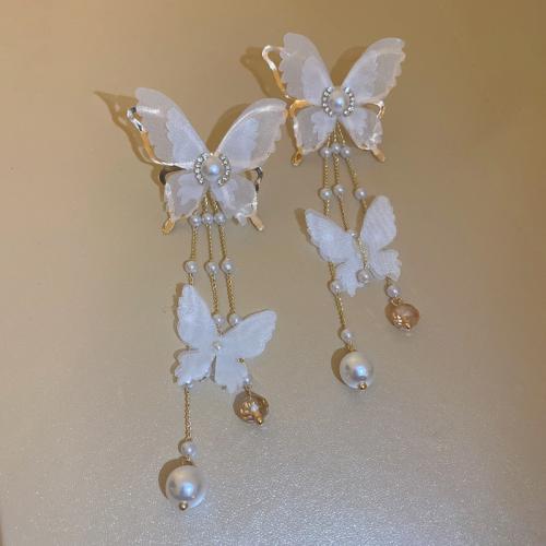 Boucles d'oreilles cristal, alliage de zinc, avec cristal & perle de plastique, bijoux de mode & pour femme & avec strass, blanc, 125x50mm, Vendu par paire