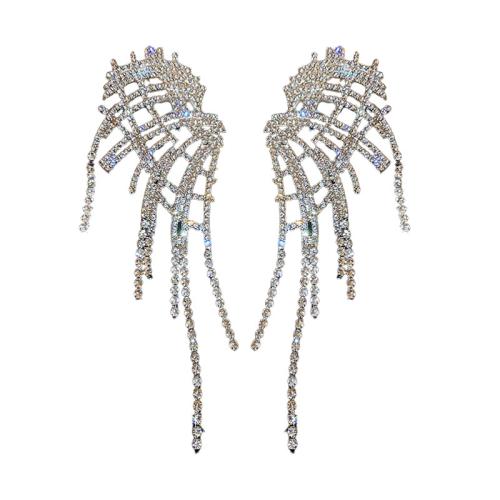 Fashion Fringe Earrings, Tibetan Style, for woman & with rhinestone & hollow, silver color, 118x42mm, Sold By Pair