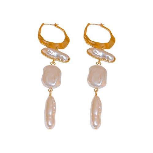 Pendientes de Gota en Latón, metal, con Perlas plásticas, chapado en color dorado, Joyería & para mujer, Blanco, Vendido por Par