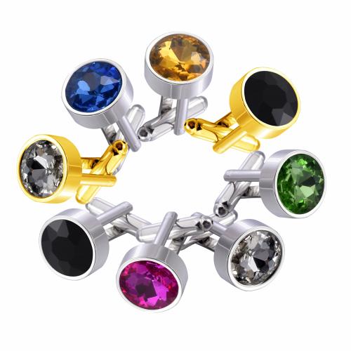 Cufflinks, Brass, with Crystal, Round, plated, Unisex, more colors for choice, 14mm, Sold By Pair