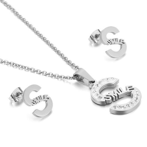 Rhinestone Stainless Steel Jewelry Set, Stud Earring & necklace, 304 Stainless Steel, Letter S, Vacuum Ion Plating, fashion jewelry & for woman & with rhinestone, more colors for choice, Sold By Set