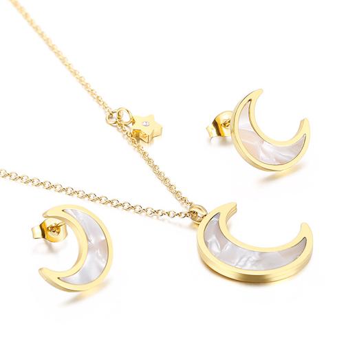 Fashion Stainless Steel Jewelry Sets, Stud Earring & necklace, 304 Stainless Steel, with Shell, Moon, Vacuum Ion Plating, fashion jewelry & for woman, more colors for choice, Sold By Set