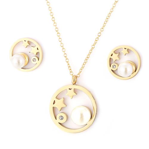 Fashion Stainless Steel Jewelry Sets, Stud Earring & necklace, 304 Stainless Steel, with Plastic Pearl, Vacuum Ion Plating, fashion jewelry & for woman, more colors for choice, Sold By Set