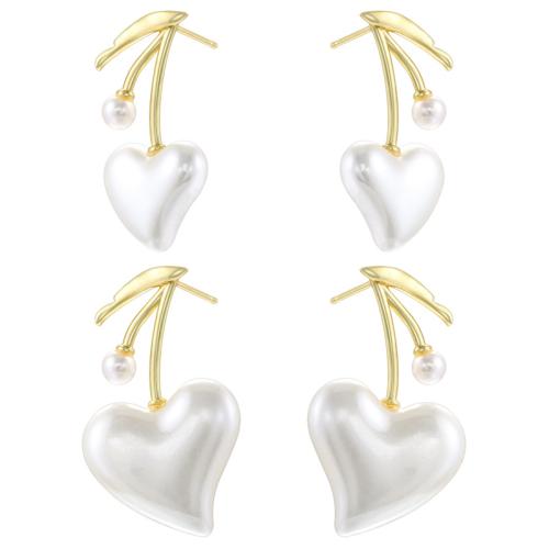 Brass Stud Earring, with Plastic Pearl, Cherry, gold color plated, fashion jewelry & different size for choice & for woman, more colors for choice, nickel, lead & cadmium free, Sold By Pair