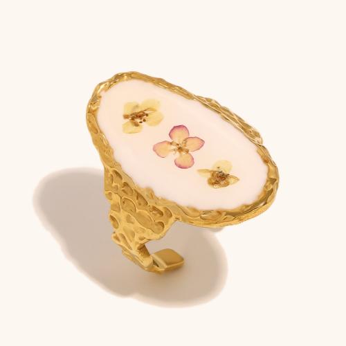 Stainless Steel Finger Ring, 304 Stainless Steel, with Dried Flower, gold color plated, for woman & enamel, Sold By PC