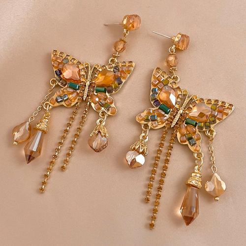 Clover Earrings, Tibetan Style, with Crystal & Brass, Butterfly, for woman & with rhinestone & hollow, golden, Sold By Pair