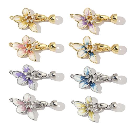 Brass Jewelry Clasps, Flower, plated, DIY & micro pave cubic zirconia & enamel, more colors for choice, nickel, lead & cadmium free, 35x20mm, 2PCs/Bag, Sold By Bag