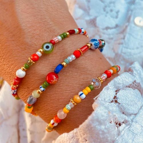 Glass Beads Bracelet, with Seedbead & Elastic Thread & Plastic Pearl, evil eye pattern & different styles for choice & for woman, more colors for choice, Sold By PC