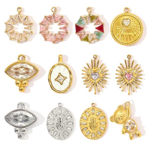 Stainless Steel Pendants, 304 Stainless Steel, with Shell, Vacuum Ion Plating, Different Shape for Choice & DIY & micro pave cubic zirconia, more colors for choice, 3PCs/Bag, Sold By Bag