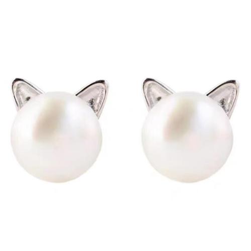 Tibetan Style Stud Earring, with Plastic Pearl, Cat, silver color plated, fashion jewelry & for woman, 10mm, Sold By Pair