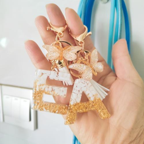Bag Purse Charms Keyrings Keychains, Tibetan Style, with Resin, Alphabet Letter, gold color plated, Unisex & different styles for choice, 100x35mm, Sold By PC