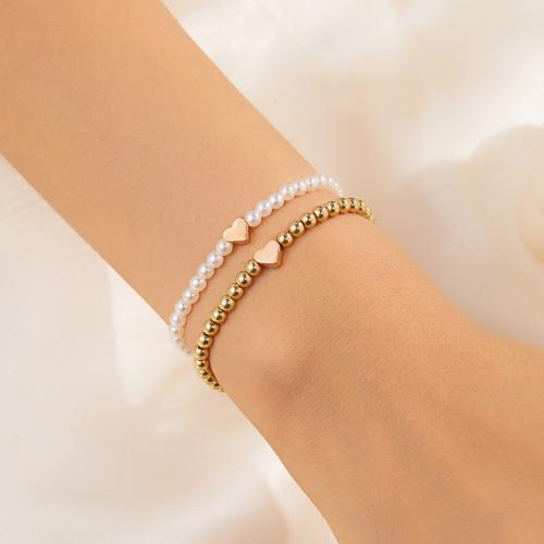 Brass Bracelet & Bangle, with Copper Coated Plastic & Plastic Pearl, gold color plated, different styles for choice & for woman, more colors for choice, Sold By Set