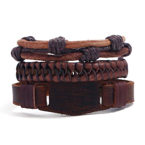 Cowhide Bracelet, with Linen & PU Leather, handmade, three pieces & fashion jewelry & for man, Diameter: about 6cm., Sold By Set