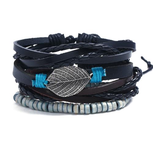 Cowhide Bracelet, with PU Leather & Wax Cord & Wood, handmade, 4 pieces & fashion jewelry & for man, black, Diameter: about 6cm., Sold By Set