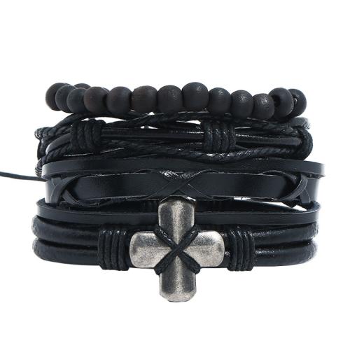 PU Leather Cord Bracelets, with Linen & Cowhide & Wood & Tibetan Style, handmade, 4 pieces & fashion jewelry & Unisex, black, Diameter: about 6cm., Sold By Set