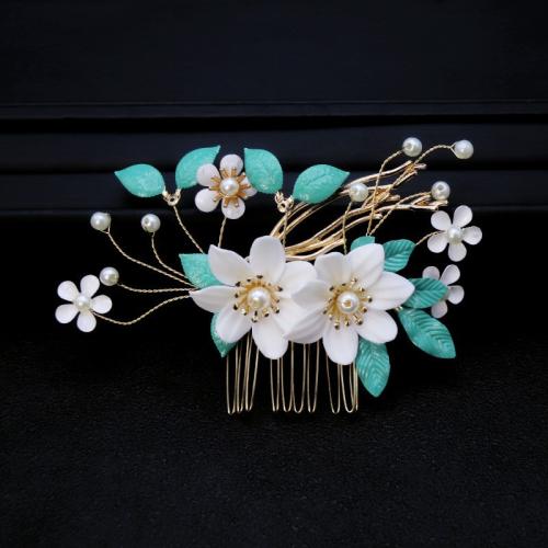 Bridal Decorative Hair Comb, Tibetan Style, with brass wire & Polymer Clay & Plastic Pearl, plated, fashion jewelry & handmade & for woman, golden, 110x65mm, Sold By PC