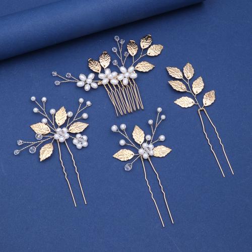 Mixed Hair Accessories, Tibetan Style, with brass wire & Crystal & Plastic Pearl, handmade, fashion jewelry & different styles for choice & for woman, golden, Sold By Set