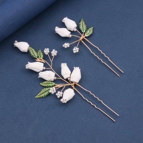 Bridal Hair Pins, Tibetan Style, with brass wire & Polymer Clay & Plastic Pearl, handmade, 2 pieces & fashion jewelry & for woman, golden, Sold By Set