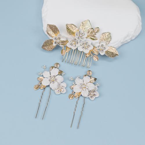 Mixed Hair Accessories, Tibetan Style, with brass wire & Polymer Clay & Plastic Pearl, handmade, three pieces & for woman & with rhinestone, golden, Sold By Set