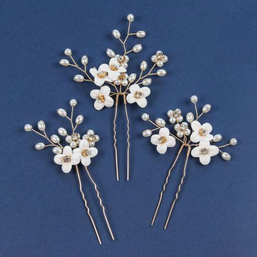 Bridal Hair Pins, Tibetan Style, with brass wire & Polymer Clay & Plastic Pearl, handmade, three pieces & for woman & with rhinestone, more colors for choice, Sold By Set