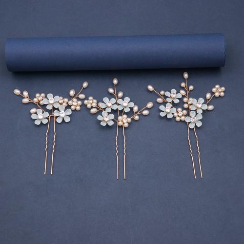 Épingles à cheveux de mariée, alliage de zinc, avec fil en laiton & perle de plastique, fait à la main, trois pièces & pour femme & avec strass, bleu, Vendu par fixé
