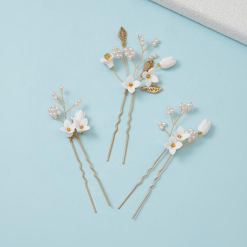 Bridal Hair Pins, Tibetan Style, with brass wire & Polymer Clay & Plastic Pearl, handmade, three pieces & fashion jewelry & for woman, more colors for choice, 125x65mm, Sold By Set