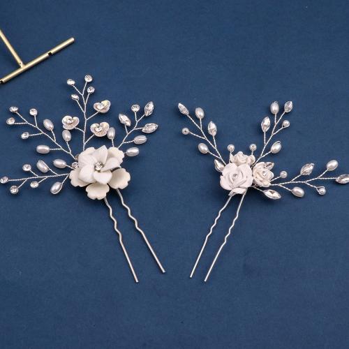 Bridal Hair Pins, Tibetan Style, with brass wire & Polymer Clay & Plastic Pearl, handmade, different styles for choice & for woman & with rhinestone, silver color, Sold By PC