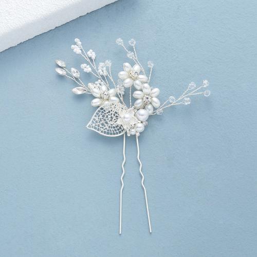 Bridal Hair Pins, Tibetan Style, with brass wire & Crystal & Plastic Pearl, handmade, for woman & with rhinestone & hollow, more colors for choice, Sold By PC