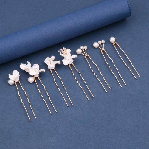Bridal Hair Pins, Tibetan Style, with brass wire & Polymer Clay & Crystal & Plastic Pearl, handmade, 7 pieces & fashion jewelry & for woman, Crystal Gold, Sold By Set