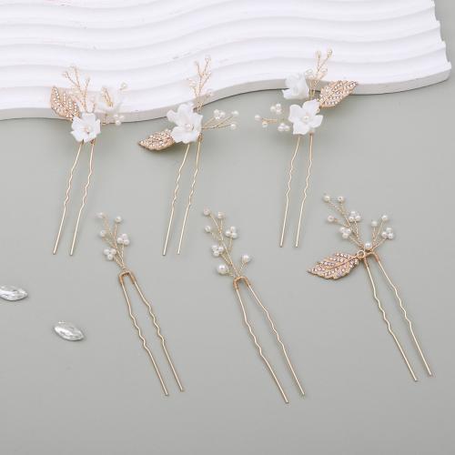 Bridal Hair Pins, Tibetan Style, with brass wire & Polymer Clay & Plastic Pearl, handmade, 6 pieces & fashion jewelry & for woman & with rhinestone, Crystal Gold, Sold By Set