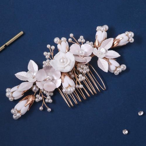 Bridal Decorative Hair Comb, Tibetan Style, with brass wire & Polymer Clay & Plastic Pearl, handmade, fashion jewelry & for woman, Crystal Gold, Sold By PC