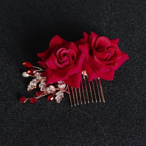 Bridal Decorative Hair Comb, Tibetan Style, with brass wire & Velveteen & Crystal & Plastic Pearl, handmade, fashion jewelry & for woman & with rhinestone, red, Sold By PC