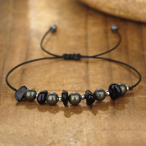 Gemstone Bracelets, Natural Stone, with Wax Cord & Brass, handmade, fashion jewelry & Unisex, black, Sold By PC