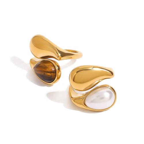 Bague en acier inoxydable, Acier inoxydable 304, avec oeil de tigre, Plaqué or 18K, bijoux de mode & différents matériaux pour le choix & pour femme, Vendu par PC